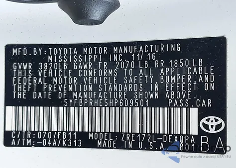 2017 Toyota Corolla Le Eco z USA, uszkodzony, nr VIN 5YFBPRHE5HP609501